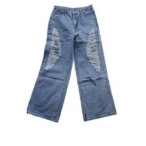 Shein Large 8/10 Crescent Shaped Distressing Light Wash Jeans Blue